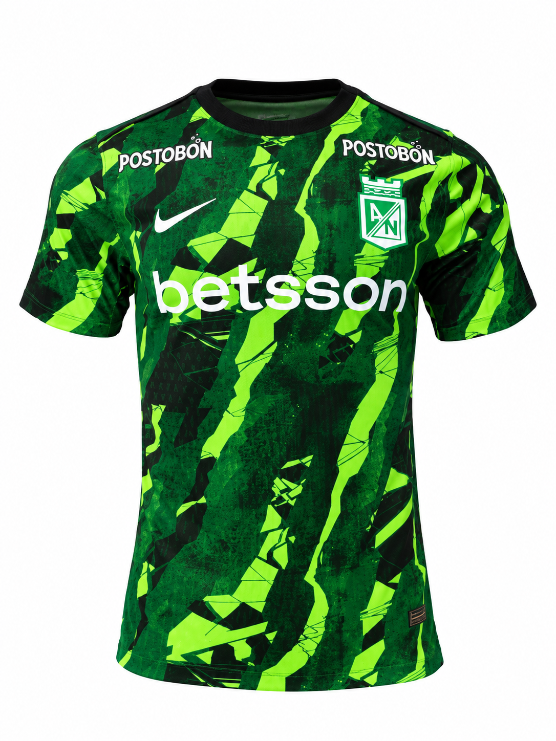 Front of the Atlético Nacional 2026 Nike warm-up jersey, green with neon green patches, Postobón on the shoulders and betsson across the chest