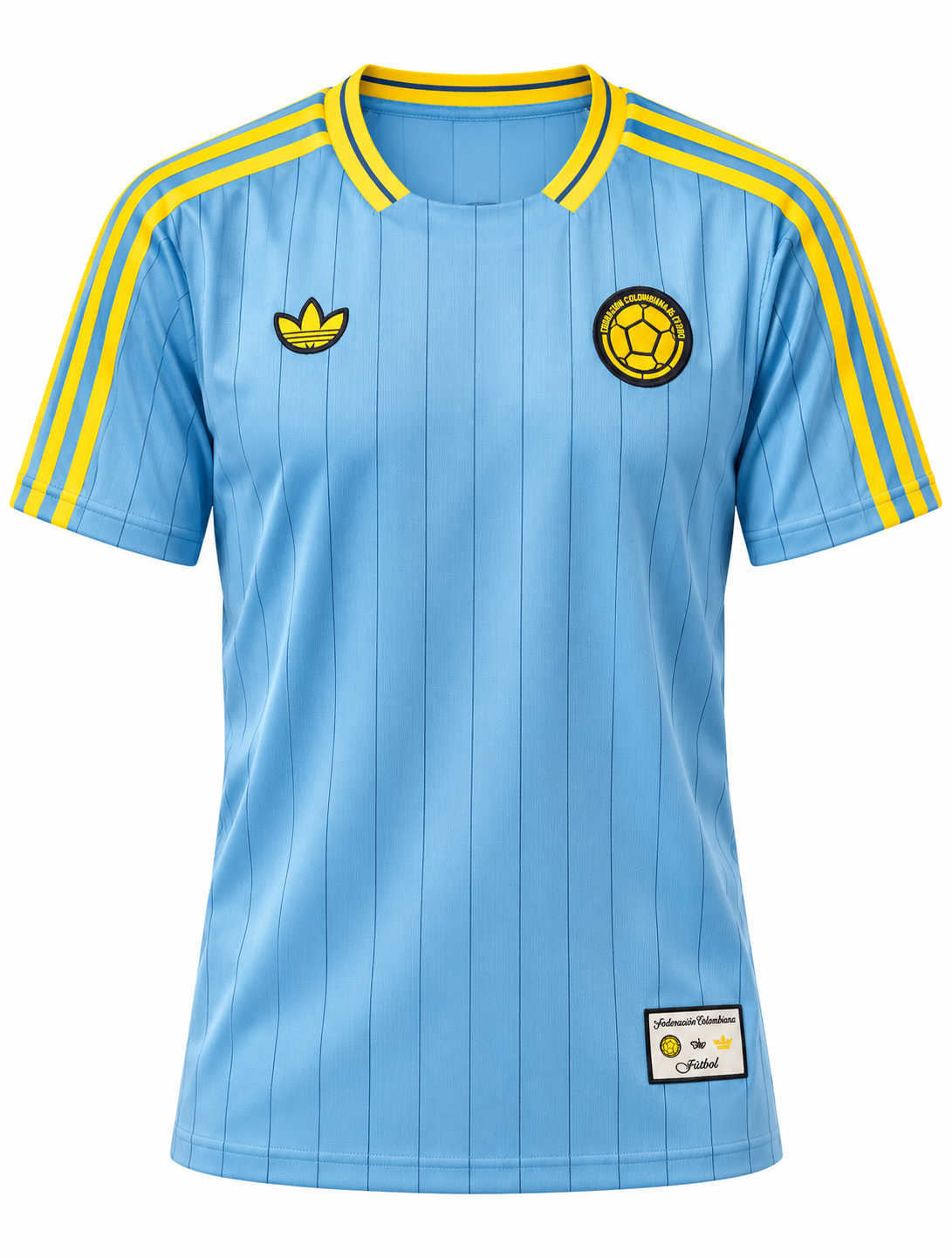 Camisa azul-celeste da Colômbia da Adidas com riscas finas e três listras amarelas nos ombros