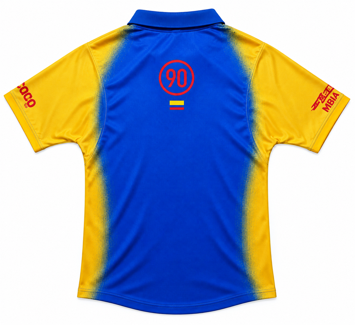 Back of the Colombia Total 90 jersey with the 90 in red and the Colombian flag