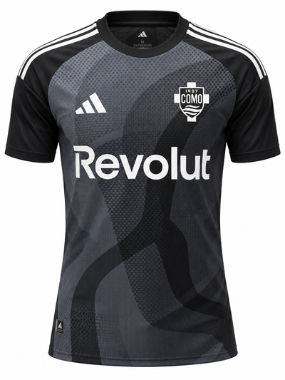 Camisa do Como 1907 preta e cinza com ondas em degradê e Revolut branco na frente