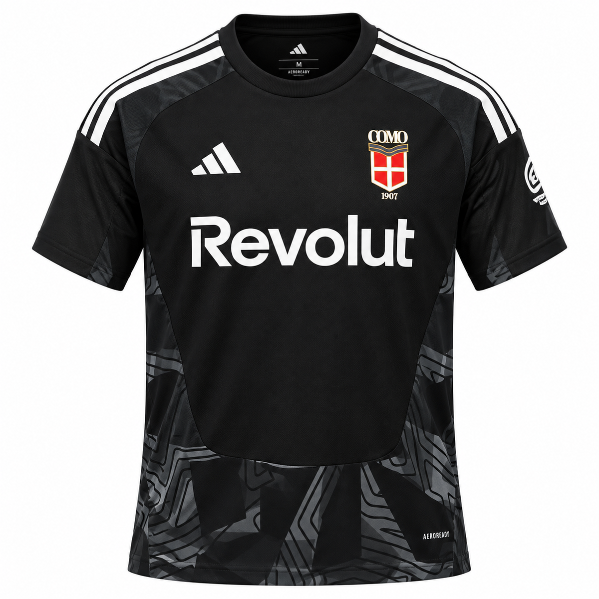 Camiseta negra del Como 1907 con Revolut al pecho y estampado gris en la parte baja