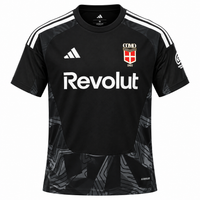 Camiseta negra del Como 1907 con Revolut al pecho y estampado gris en la parte baja
