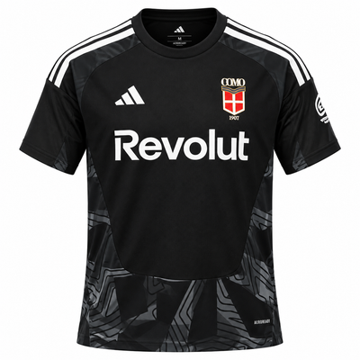 Camiseta negra del Como 1907 con Revolut al pecho y estampado gris en la parte baja