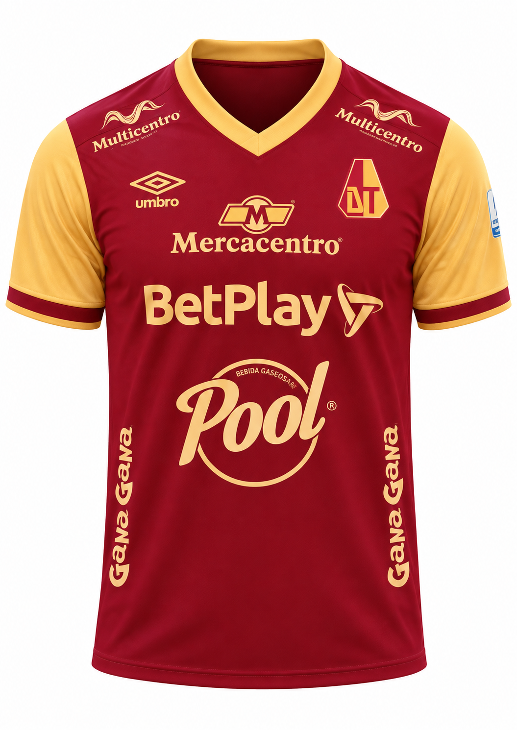 Camiseta del Deportes Tolima local 2025 vinotinto con mangas doradas y marca Umbro, foto de estudio