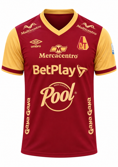 Camiseta del Deportes Tolima local 2025 vinotinto con mangas doradas y marca Umbro, foto de estudio