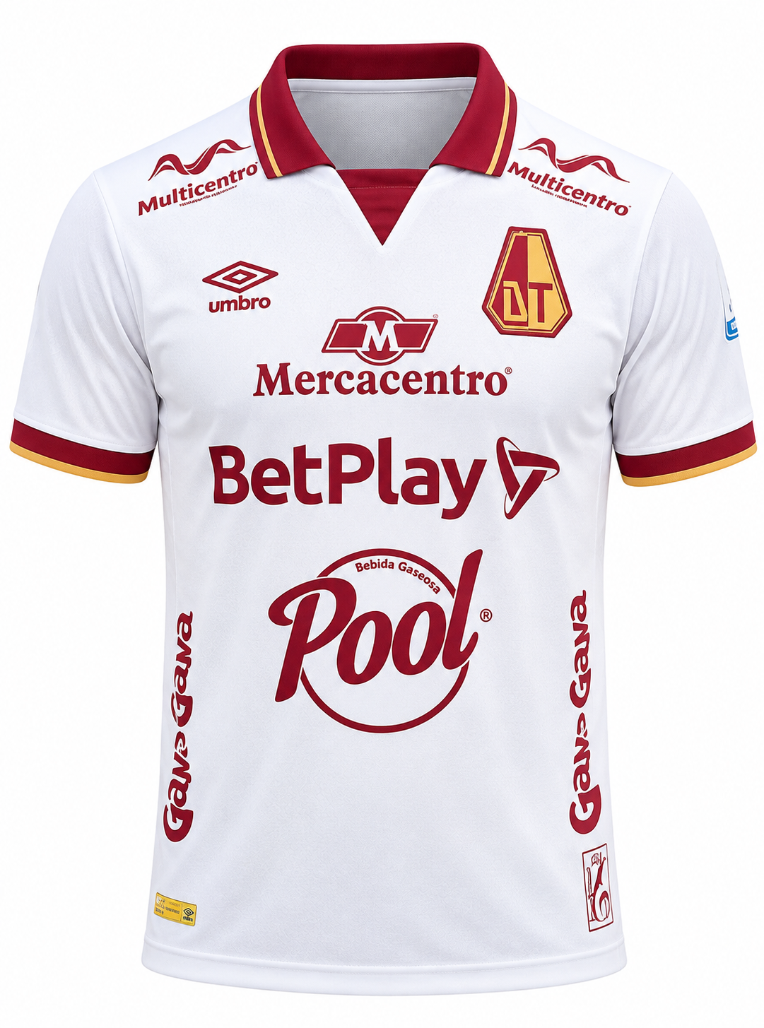 Camiseta del Deportes Tolima visitante 2025 blanca con cuello vinotinto y marca Umbro, foto de estudio