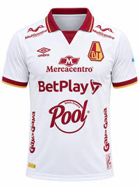 Camiseta del Deportes Tolima visitante 2025 blanca con cuello vinotinto y marca Umbro, foto de estudio