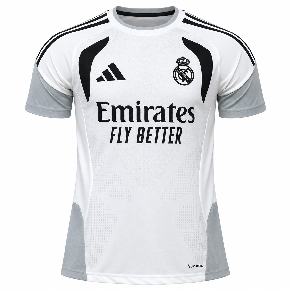 Real Madrid white training jersey with grey sleeves and a black crest