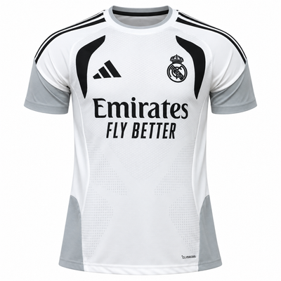Camisa de treino branca do Real Madrid com mangas cinzas e escudo preto