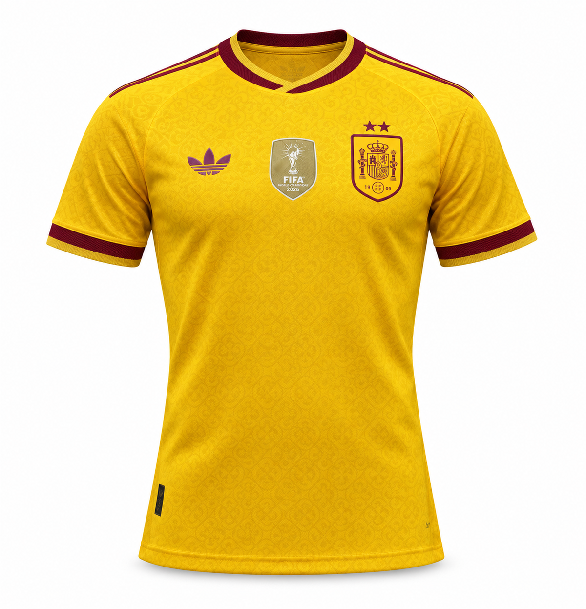 Camisa amarela da Espanha da Adidas com gola e punhos vinho, o trevo, o patch dourado da FIFA e o escudo