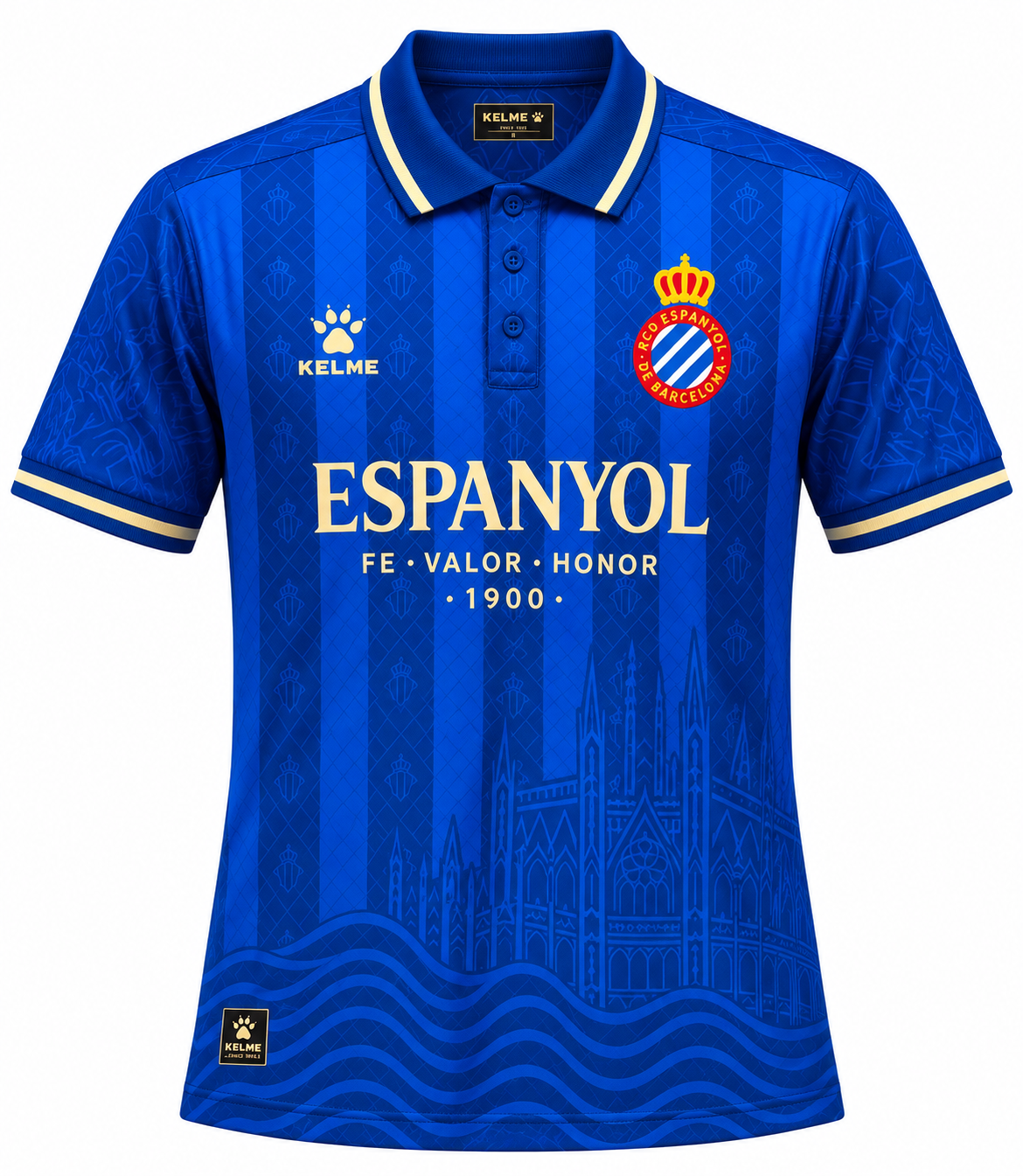 Blue Espanyol Kelme shirt with gold ESPANYOL on the front and buttoned polo collar