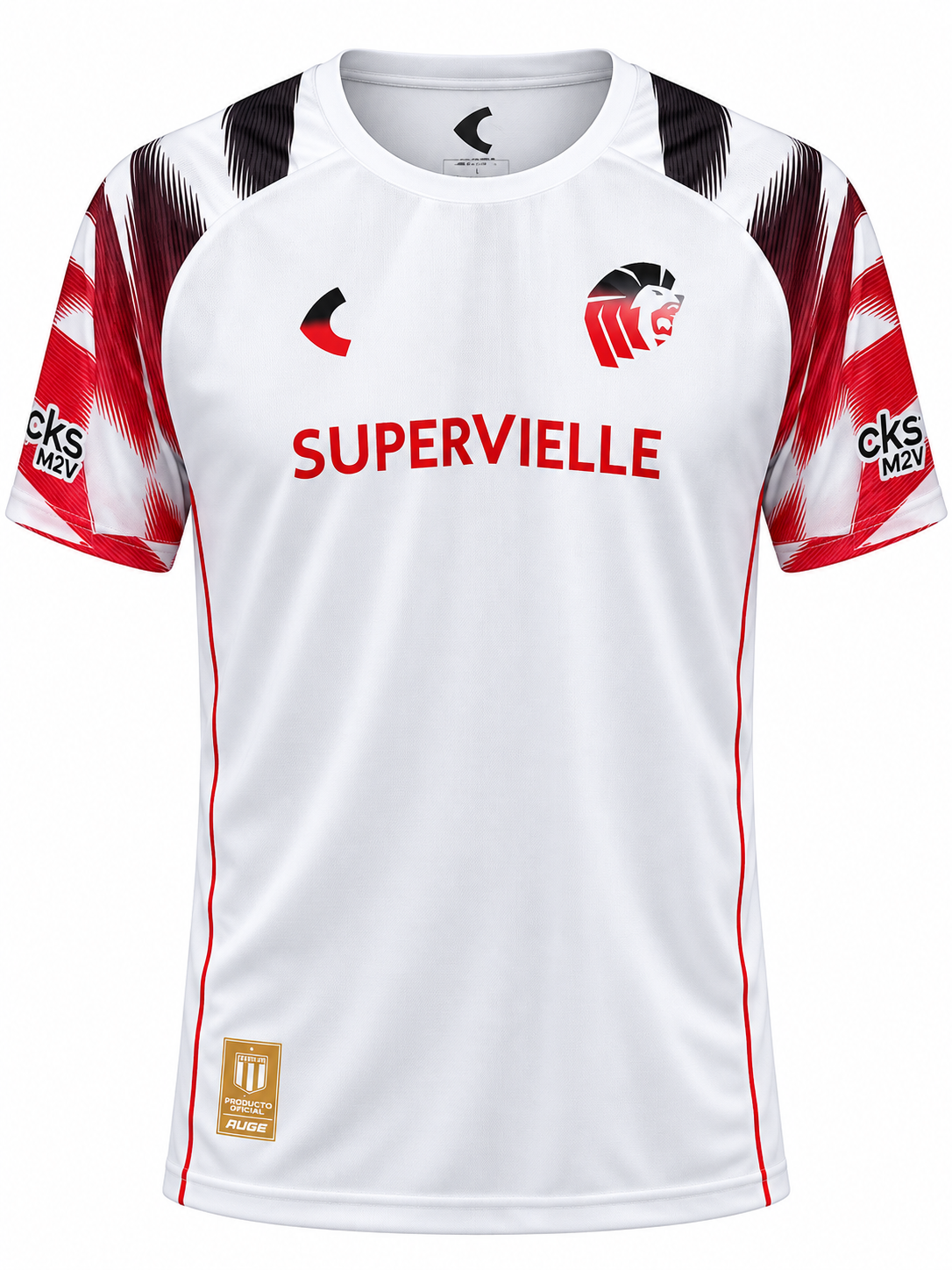 Camisa branca do Estudiantes de La Plata 2026 com mangas vermelhas e pretas, o leão e Supervielle no peito