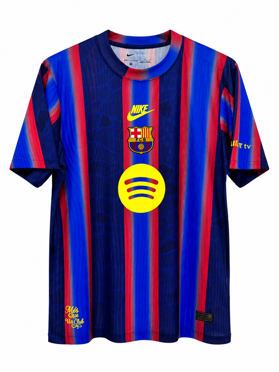 Front of FC Barcelona's special-edition jersey with faded blaugrana stripes and a large Spotify logo at the center