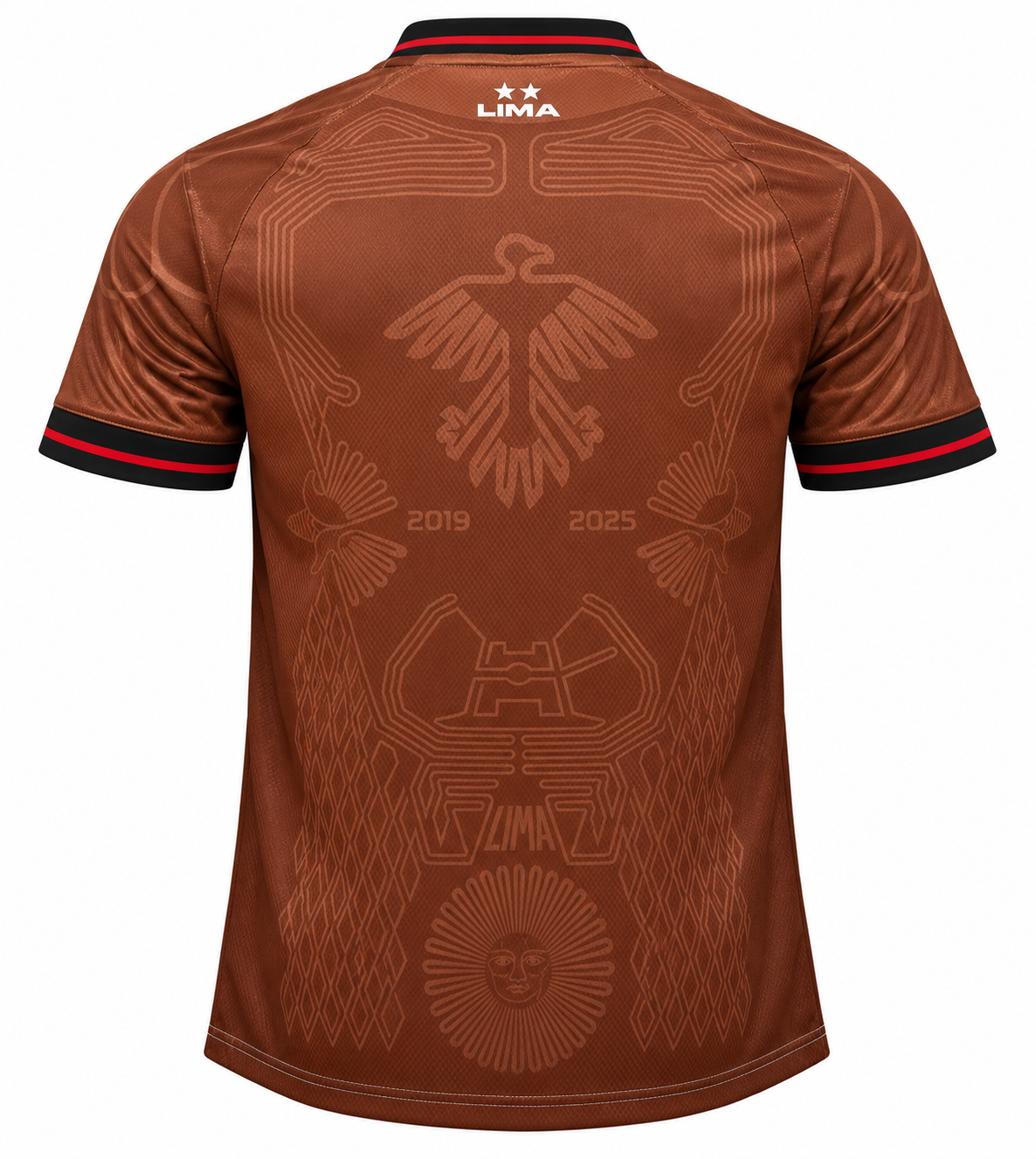 Costas da camisa creme do Flamengo Lima 2019-2025 com o condor de Nazca e os anos 2019 e 2025
