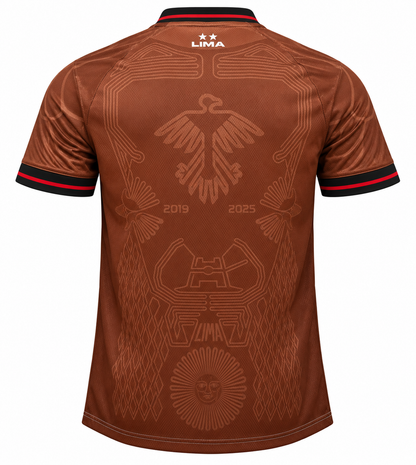 Costas da camisa creme do Flamengo Lima 2019-2025 com o condor de Nazca e os anos 2019 e 2025
