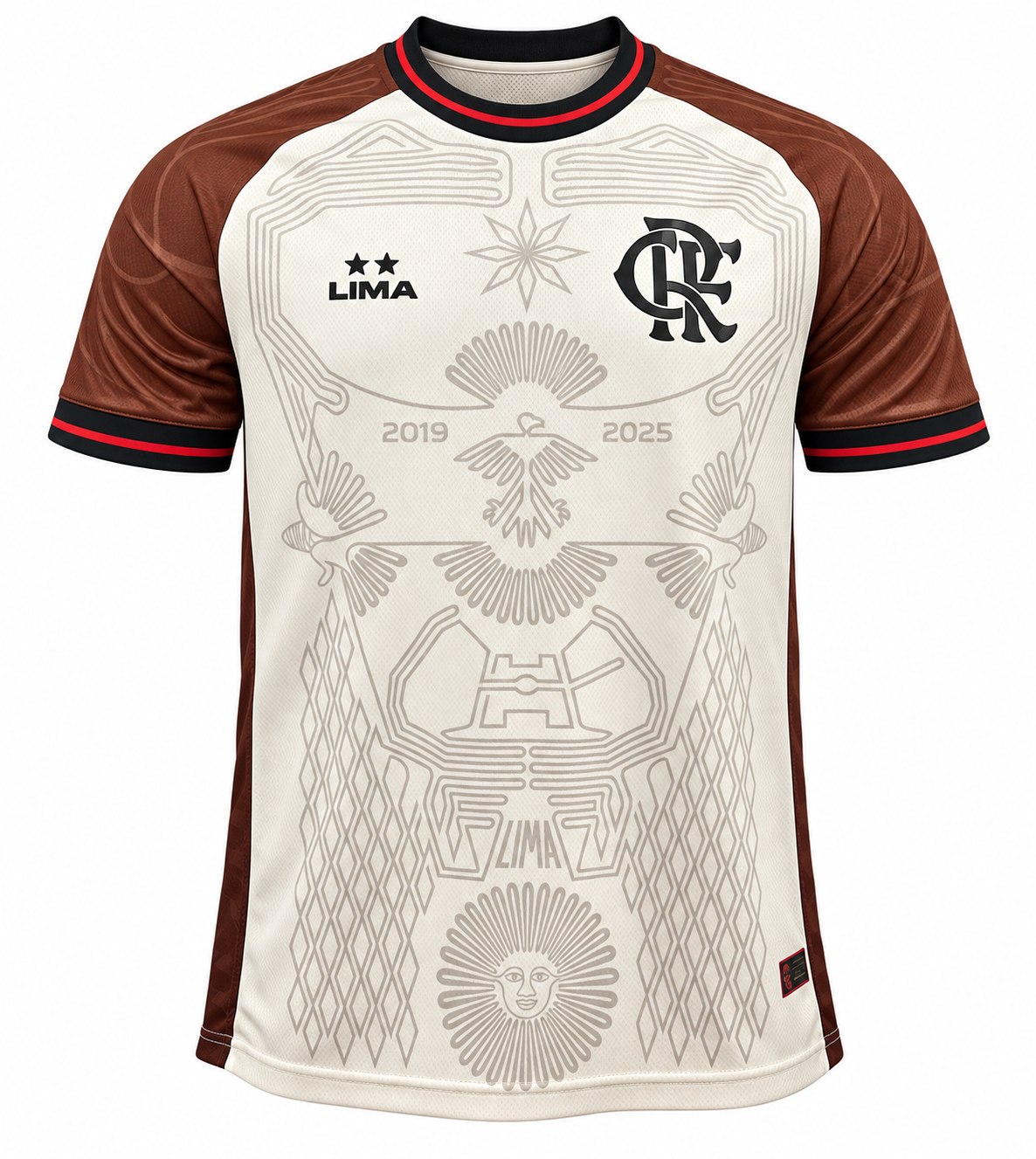 Frente da camisa creme do Flamengo Lima 2019-2025, com o escudo, duas estrelas e desenhos das linhas de Nazca