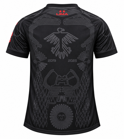 Costas da camisa preta do Flamengo Lima 2019-2025 com o condor de Nazca e os anos 2019 e 2025