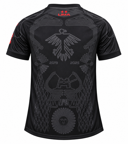 Costas da camisa preta do Flamengo Lima 2019-2025 com o condor de Nazca e os anos 2019 e 2025