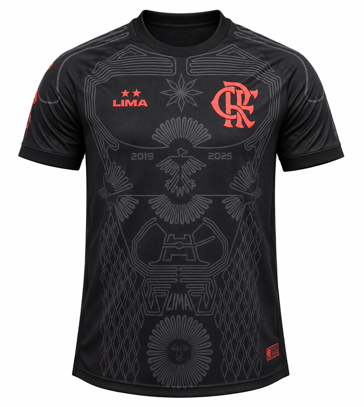 Frente da camisa preta do Flamengo Lima 2019-2025, com o escudo, duas estrelas e desenhos das linhas de Nazca