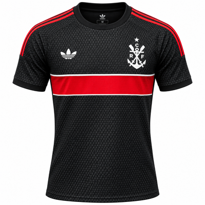 Camisa retrô do Flamengo preta com faixa vermelha e branca no peito e a âncora CRF