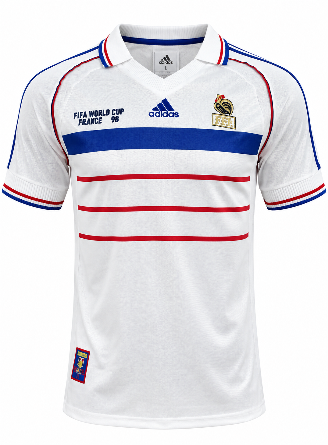 Front of the white France 1998 away jersey, with red chest stripes, blue trim and the FFF's gold rooster crest