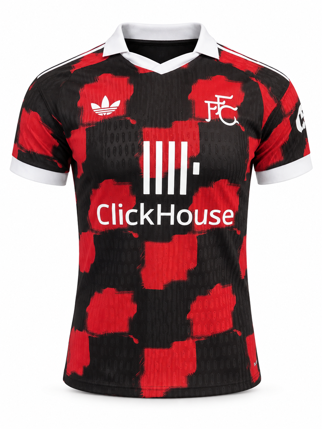 Fulham red and black check jersey with a white polo collar and the Adidas Originals trefoil