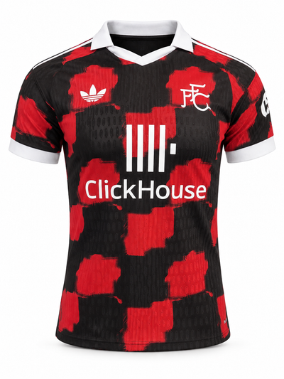 Fulham red and black check jersey with a white polo collar and the Adidas Originals trefoil