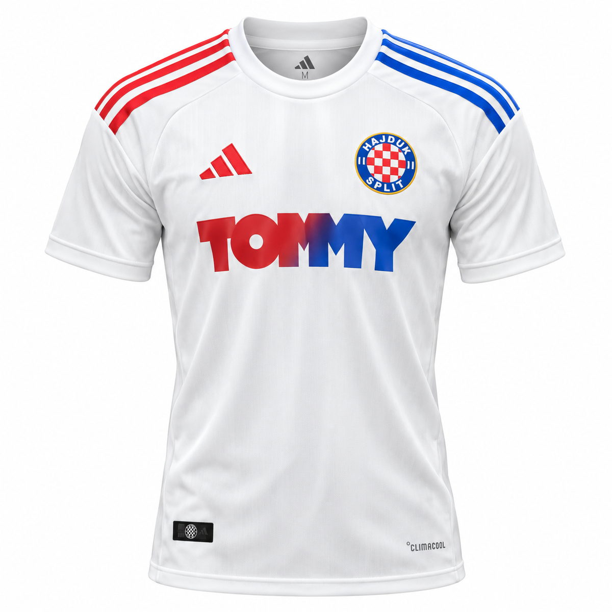 White Hajduk Split shirt with TOMMY in red and blue and red and blue shoulder stripes