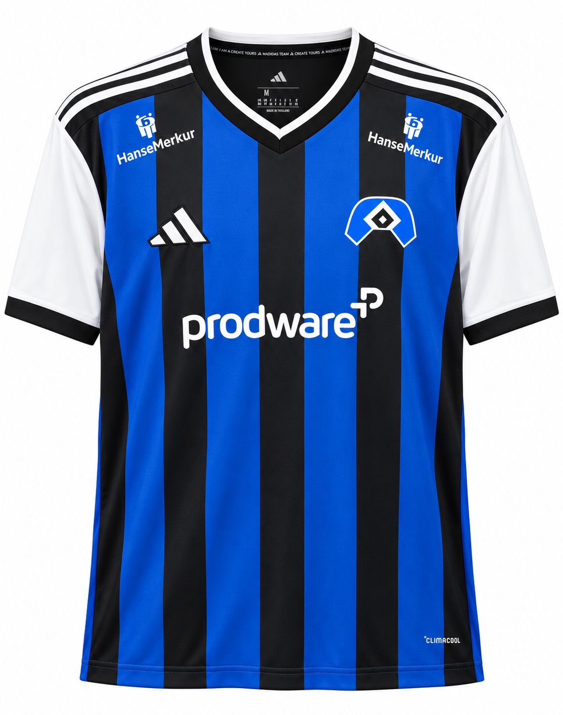 Camiseta del Hamburgo SV a rayas verticales azules y negras, con mangas blancas y el escudo del rombo azul sobre el pecho