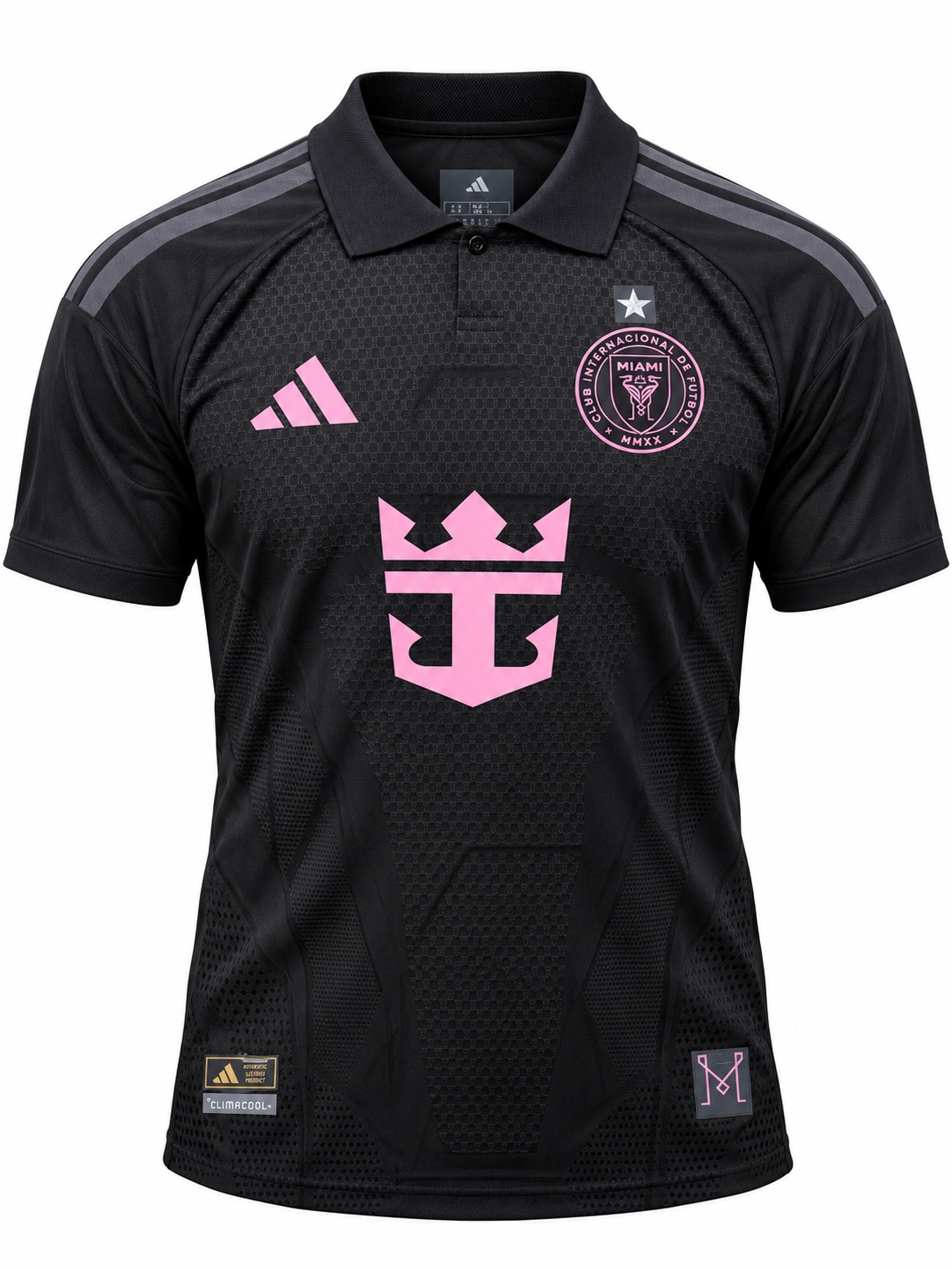 Camiseta visitante del Inter Miami 2026 negra con cuello polo y logos en rosado
