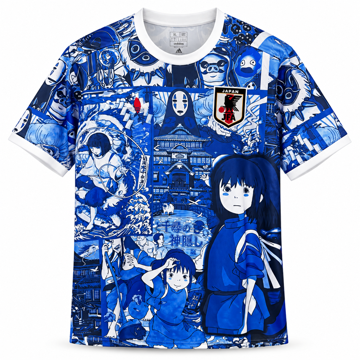 Camisa azul do Japão com cenas de anime: a casa de banhos, uma menina de cabelo preto e espíritos