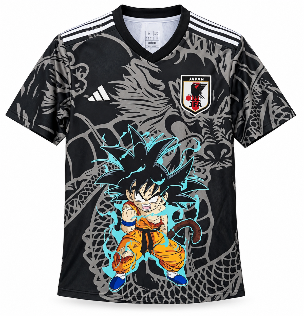 Camiseta negra de Japón con un dragón gris y el guerrero niño del anime con aura celeste al centro