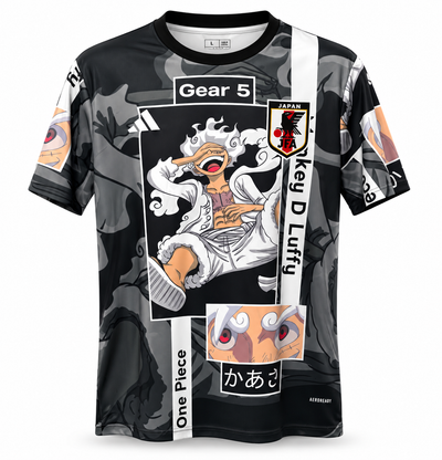 Camiseta de Japón edición anime gris y negra, con Monkey D Luffy en Gear 5 de One Piece