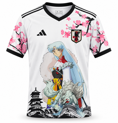 Camiseta de Japón edición anime blanca, con Sesshomaru de Inuyasha, cerezos rosados y cuello negro en V