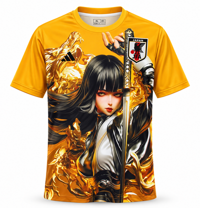 Camiseta de Japón edición anime amarilla, con una guerrera samurái con katana y un dragón dorado