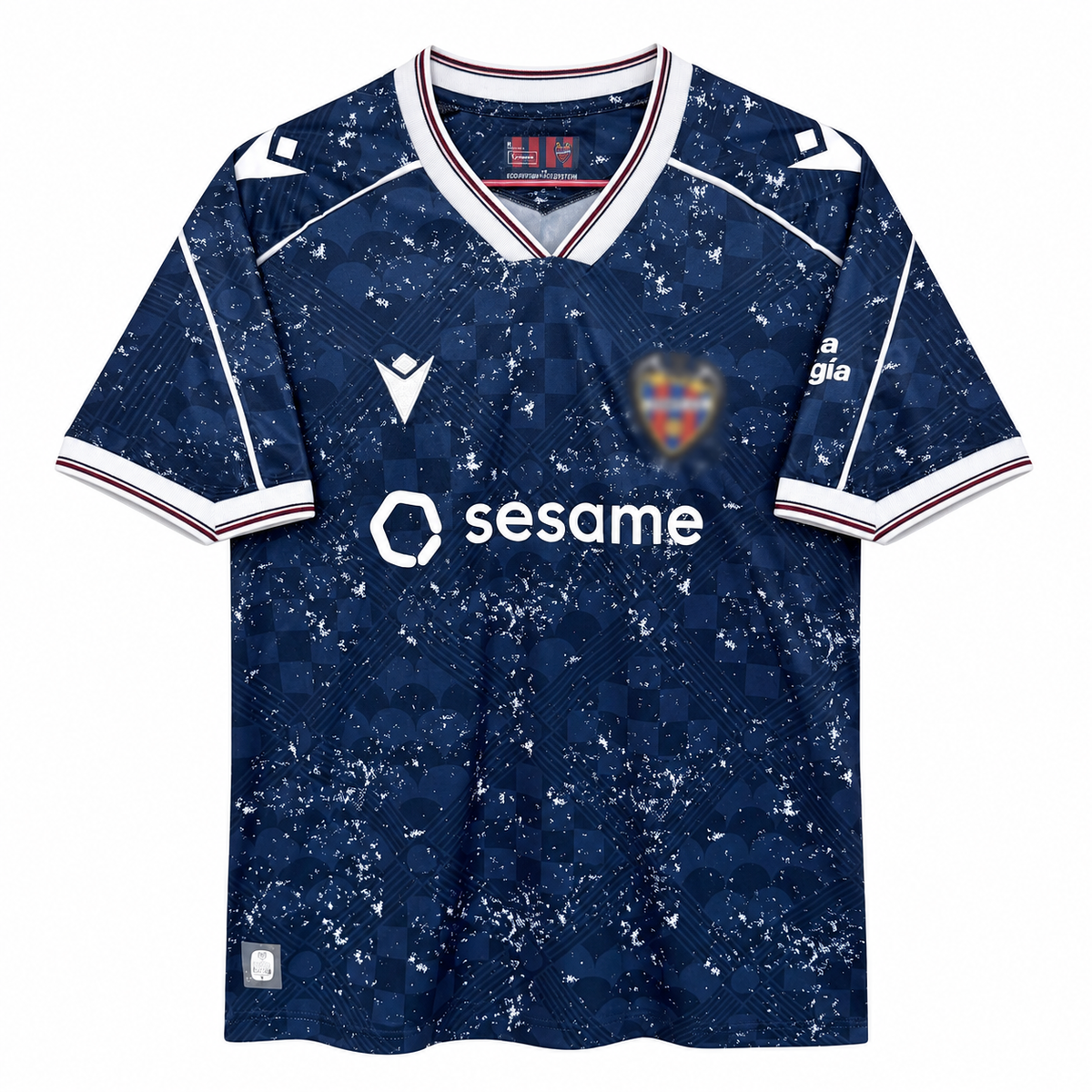 Frente da camisa azul-marinho do Levante quarta 2026-27 com salpicado branco, gola em V e patrocinador sesame