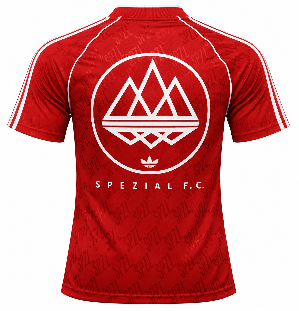 Costas da camisa Liverpool Spezial com o círculo de montanhas e SPEZIAL F.C.