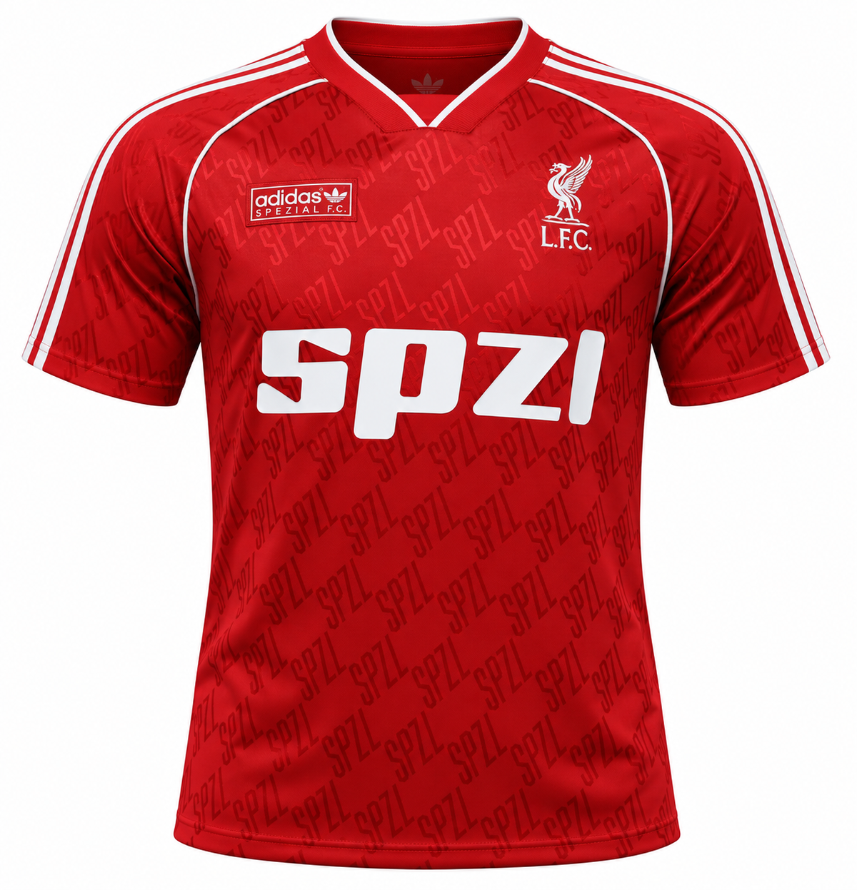 Camisa vermelha do Liverpool edição Spezial com SPZL branco na frente e gola V