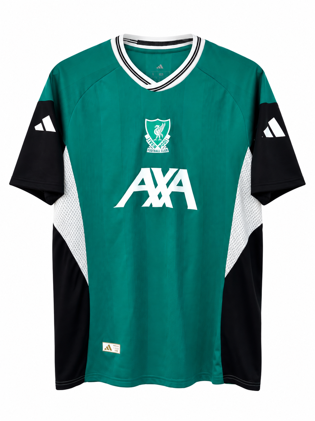 Front of the green Liverpool 2025-26 third jersey with black sleeves, classic Liverbird crest and the AXA sponsor