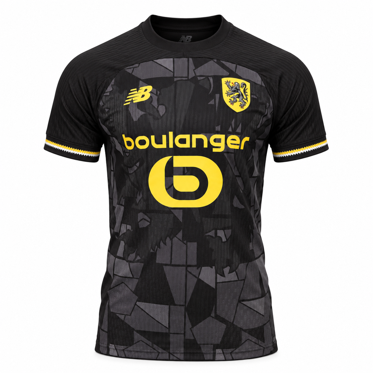 Black LOSC Lille shirt with a grey geometric pattern and boulanger in yellow