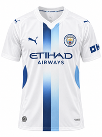 Camiseta tercera del Manchester City 2026-27 blanca con una franja vertical azul marino y celeste