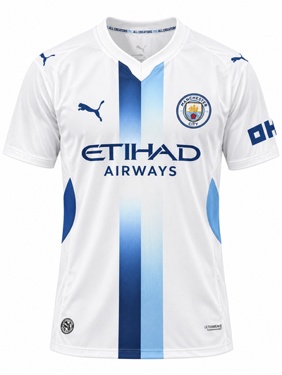 Manchester City 2026-27 third jersey in white with a navy and sky blue vertical stripe