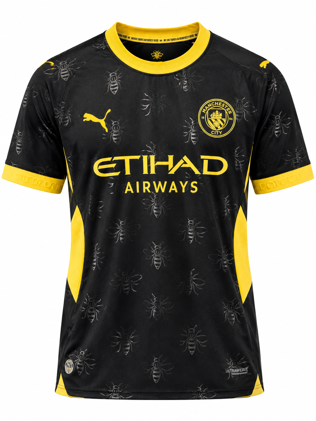 Camiseta visitante del Manchester City 2026-27 negra con abejas en relieve y detalles amarillos