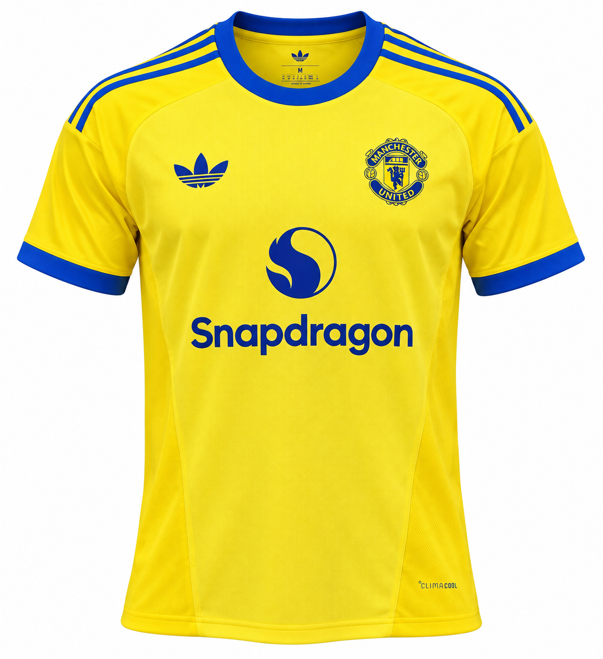 Yellow Manchester United retro jersey with Snapdragon on the chest and blue details