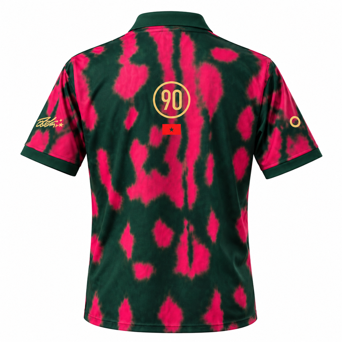 Back of the Morocco Total 90 jersey with the gold 90 logo and the Moroccan flag