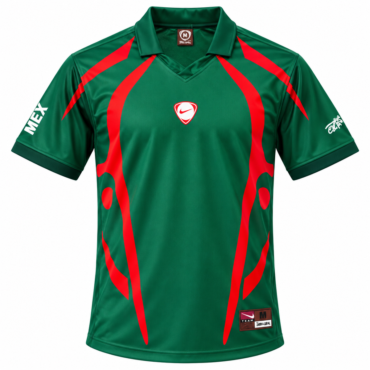Dark green Mexico Cactus Jack x Nike Total 90 jersey with red stripes and polo collar