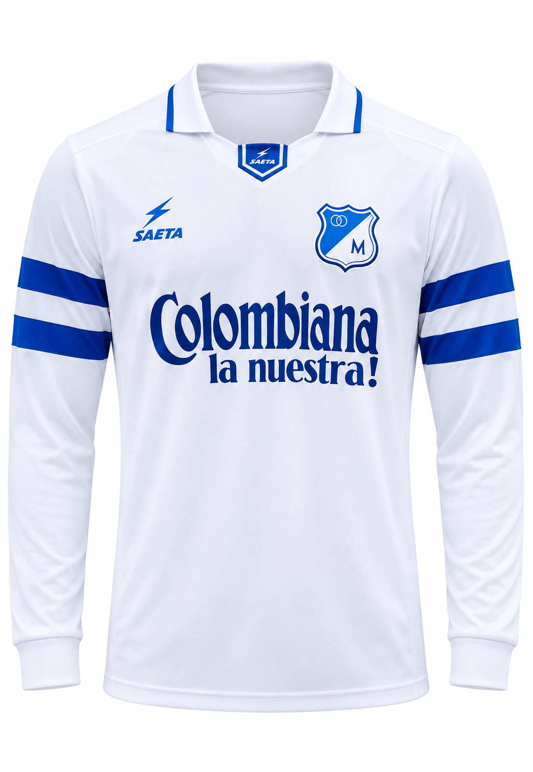 Camiseta Millonarios 1991, foto de estudio en fondo blanco