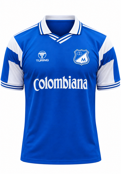 Camiseta Millonarios Retro 1993, foto de estudio en fondo blanco