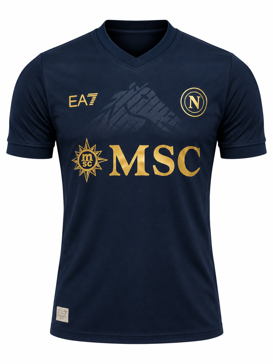 Navy Napoli jersey with Mount Vesuvius in raised detail and the MSC logo in gold