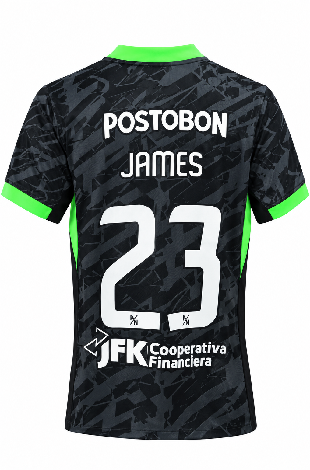 Espalda de la camiseta negra de Atlético Nacional con el nombre James y el número 23